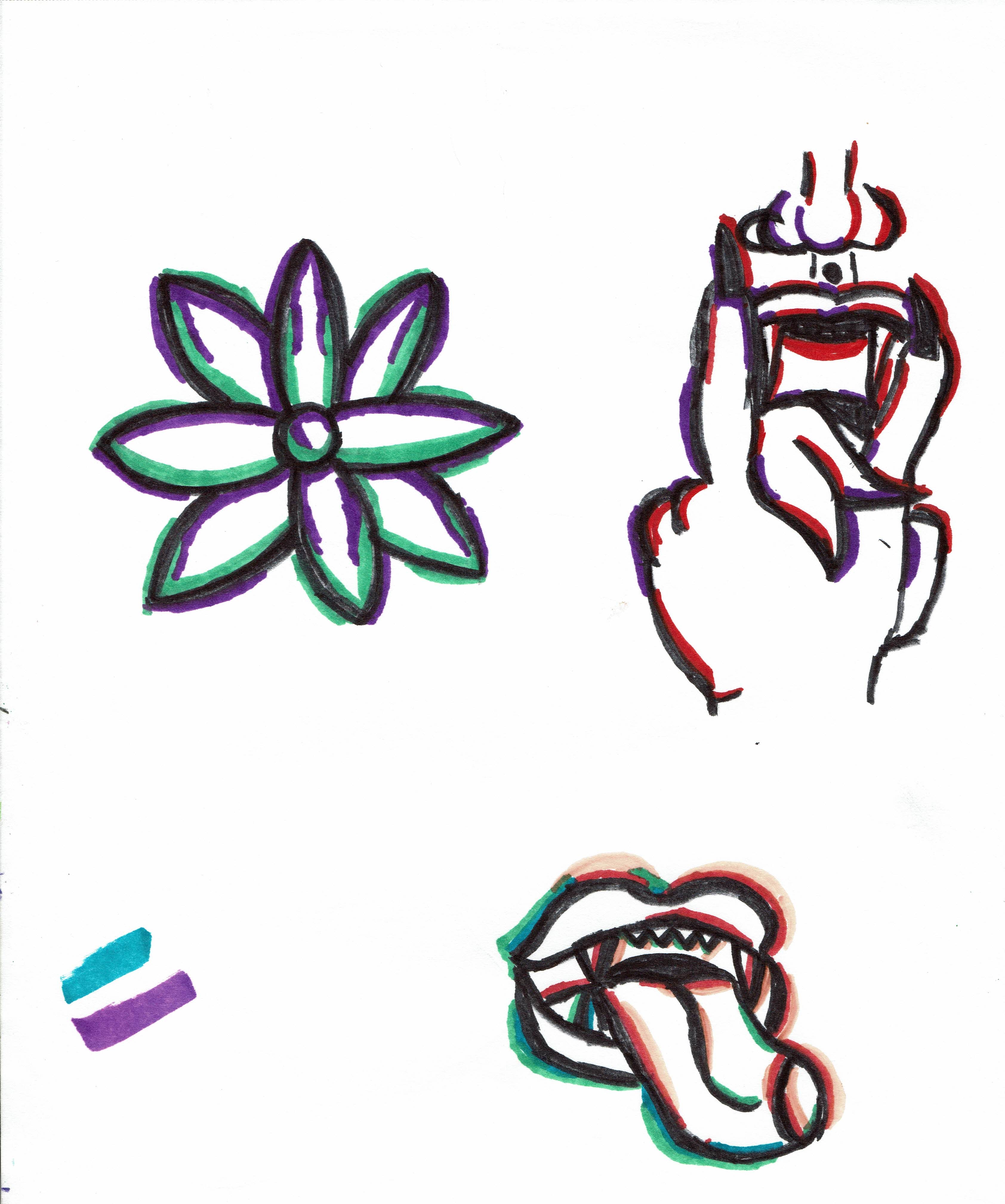 some multicolor doodles in marker of lips and flowers in green, purple, and red outlines